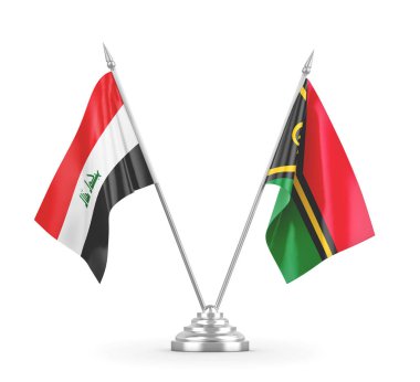 Vanuatu ve Irak masa bayrakları beyaz 3D görüntüleme üzerinde izole edildi