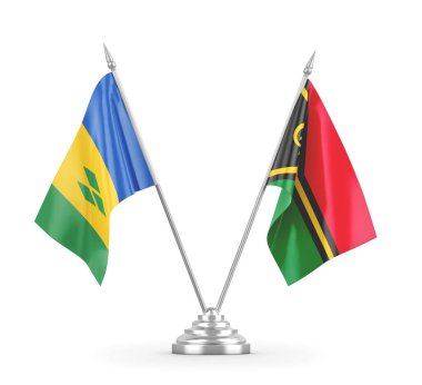 Vanuatu, Saint Vincent ve Grenadine masa bayrakları beyaz üzerine izole edilmiş.