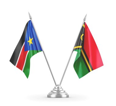 Vanuatu ve Güney Sudan masa bayrakları beyaz 3D görüntüleme üzerinde izole