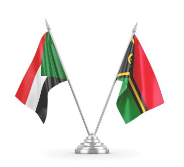 Vanuatu ve Sudan masa bayrakları beyaz 3D görüntüleme üzerinde izole edildi