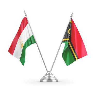 Vanuatu ve Tacikistan masa bayrakları beyaz 3D görüntüleme üzerinde izole edildi