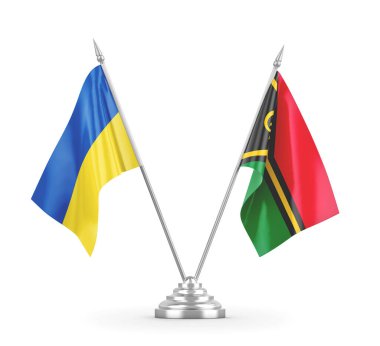 Vanuatu ve Ukrayna masa bayrakları beyaz 3D görüntüleme üzerinde izole