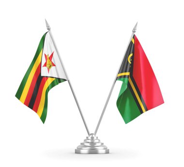 Vanuatu ve Zimbabwe masa bayrakları beyaz 3D görüntüleme üzerinde izole