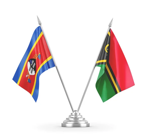Banderas de mesa Vanuatu y Eswatini Swazilandia aisladas en renderizado 3D blanco — Foto de Stock