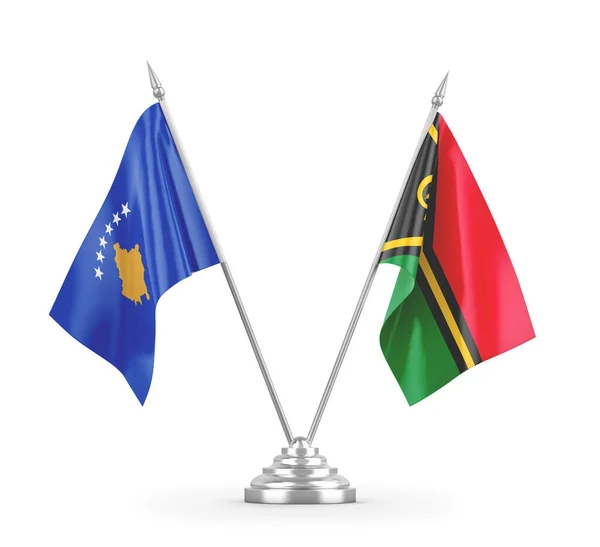 Banderas de mesa Vanuatu y Kosovo aisladas en renderizado 3D blanco — Foto de Stock