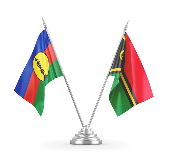 Banderas de mesa Vanuatu y Nueva Caledonia aisladas en renderizado 3D blanco —  Fotos de Stock