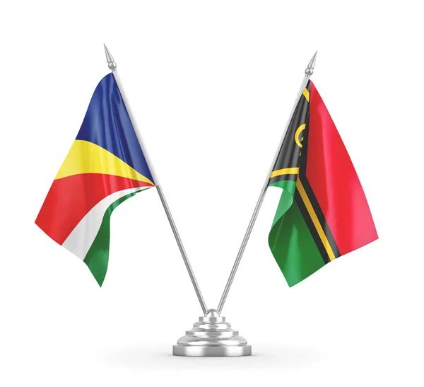 Drapeaux de table Vanuatu et Seychelles isolés sur un rendu 3D blanc — Photo