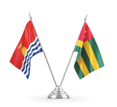 Togo ve Kiribati masa bayrakları beyaz 3D görüntüleme üzerinde izole
