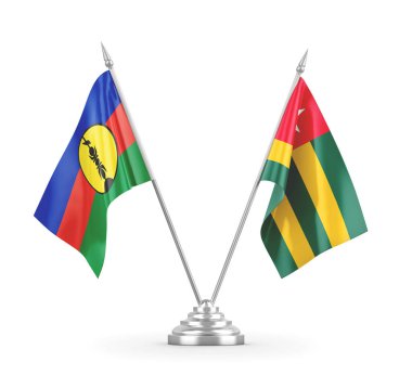 Togo ve Yeni Kaledonya masa bayrakları beyaz 3D görüntüleme üzerinde izole