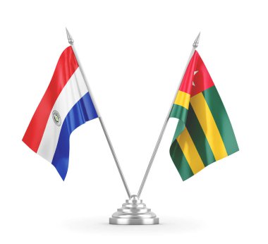 Togo ve Paraguay masa bayrakları beyaz 3D görüntüleme üzerinde izole