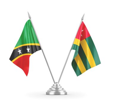 Togo, Saint Kitts ve Nevis masa bayrakları beyaz 3D görüntülerde izole edildi.