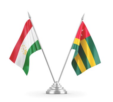 Togo ve Tacikistan masa bayrakları beyaz 3D görüntüleme üzerinde izole edildi