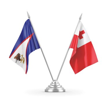 Tonga ve Amerikan Samoa masa bayrakları beyaz 3D görüntüleme üzerinde izole