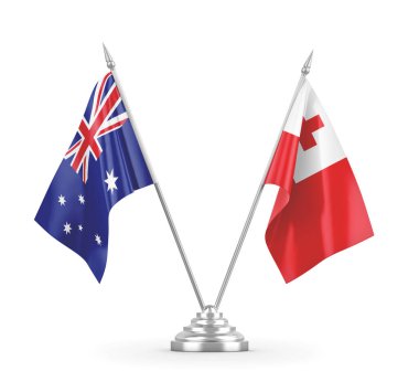 Tonga ve Avustralya masa bayrakları beyaz 3D görüntüleme üzerinde izole