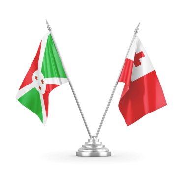 Tonga ve Burundi masa bayrakları beyaz 3D görüntüleme üzerinde izole edildi
