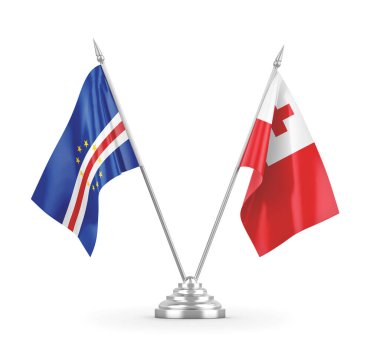 Tonga ve Cabo Burnu masa bayrakları beyaz 3D görüntüleme üzerinde izole edildi