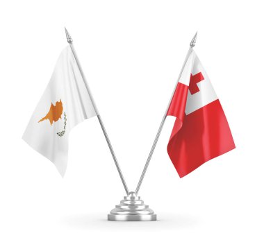 Tonga ve Kıbrıs masa bayrakları beyaz 3D görüntüleme üzerinde izole edildi