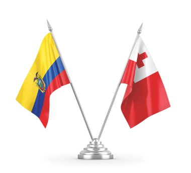 Tonga ve Ekvador masa bayrakları beyaz 3D görüntüleme üzerinde izole