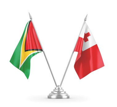 Tonga ve Guyana masa bayrakları beyaz 3D görüntüleme üzerinde izole