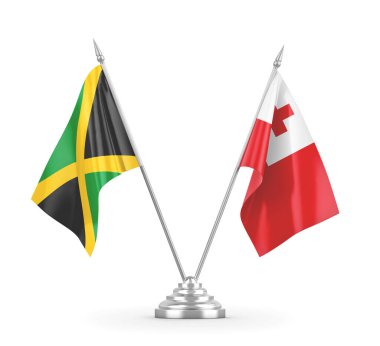 Tonga ve Jamaika masa bayrakları beyaz 3D görüntüleme üzerinde izole edildi