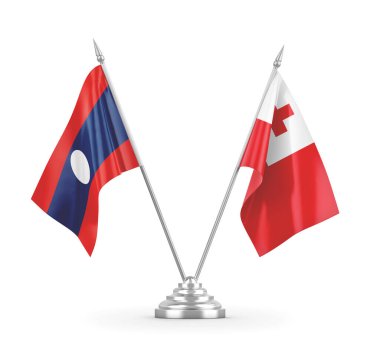 Tonga ve Laos masa bayrakları beyaz 3D görüntüleme üzerinde izole.