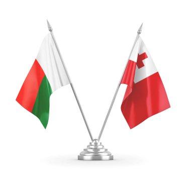 Tonga ve Madagaskar masa bayrakları beyaz 3D görüntüleme üzerinde izole