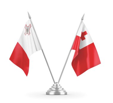 Tonga ve Malta masa bayrakları beyaz 3D görüntüleme üzerinde izole