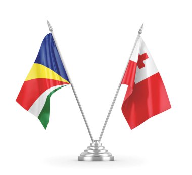 Tonga ve Seyşeller masa bayrakları beyaz 3D görüntüleme üzerinde izole
