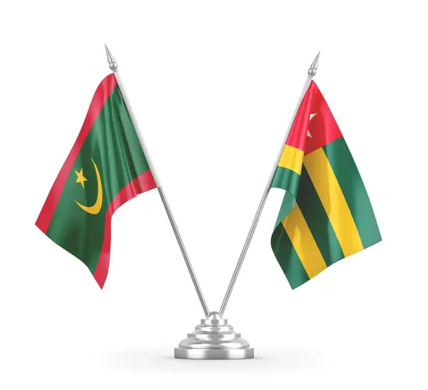 Banderas de mesa Togo y Mauritania aisladas en renderizado 3D blanco — Foto de Stock