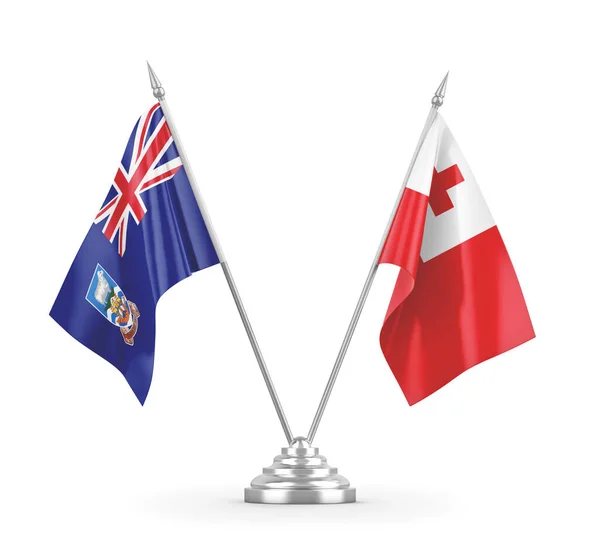 Bandeiras de mesa Tonga e Ilhas Falkland isoladas em renderização 3D branca — Fotografia de Stock