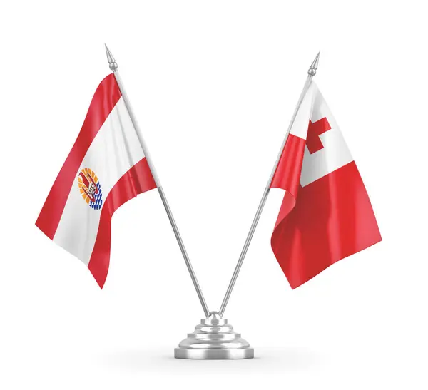 Tonga en Franse Polynesië tafelvlaggen geïsoleerd op witte 3D rendering — Stockfoto
