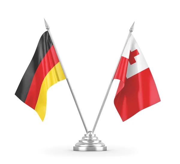 Tonga i Niemcy flagi stołowe izolowane na białym renderingu 3D — Zdjęcie stockowe