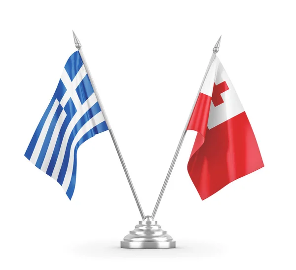 Σημαίες τραπεζιού Τόνγκα και Ελλάδας απομονωμένες σε λευκό 3D rendering — Φωτογραφία Αρχείου
