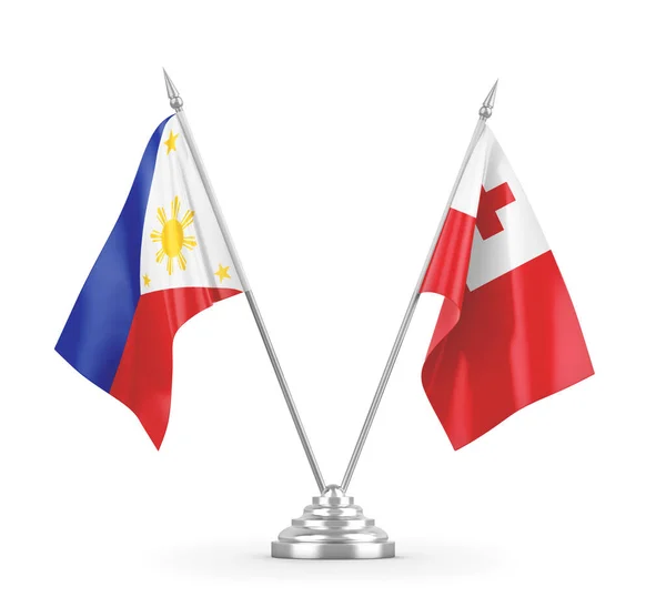Tonga ve Filipinler masa bayrakları beyaz 3D görüntüleme üzerinde izole — Stok fotoğraf