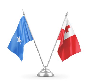 Tonga ve Somali masa bayrakları beyaz 3D görüntüleme üzerinde izole