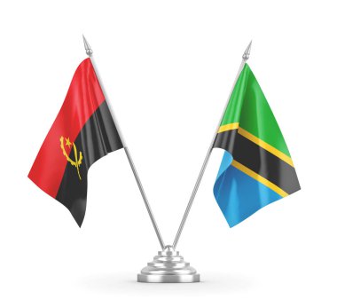 Tanzanya ve Angola masa bayrakları beyaz 3D görüntüleme üzerinde izole edildi