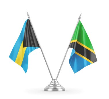 Tanzanya ve Bahamalar masa bayrakları beyaz 3D görüntüleme üzerinde izole