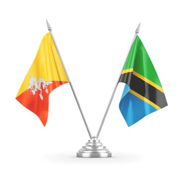 Tanzanya ve Butan masa bayrakları beyaz 3D görüntüleme üzerinde izole