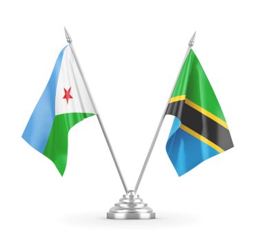 Tanzanya ve Cibuti masa bayrakları beyaz 3D görüntüleme üzerinde izole edildi