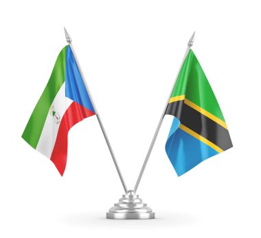 Tanzanya ve Ekvator Ginesi masa bayrakları beyaz 3D görüntüleme