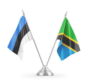 Tanzanya ve Estonya masa bayrakları beyaz 3D görüntüleme üzerinde izole edildi