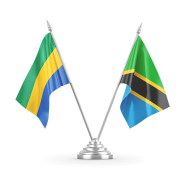 Tanzanya ve Gabon masa bayrakları beyaz 3D görüntüleme üzerinde izole