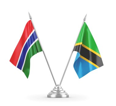 Tanzanya ve Gambiya masa bayrakları beyaz 3D görüntüleme üzerinde izole