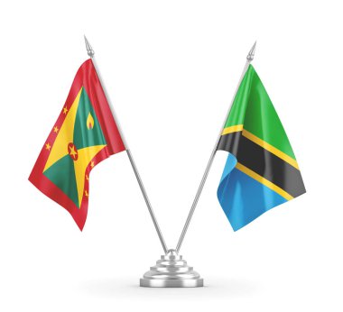 Tanzanya ve Grenada masa bayrakları beyaz 3D görüntüleme üzerinde izole