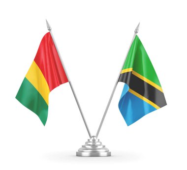 Tanzanya ve Gine masa bayrakları beyaz 3D görüntüleme üzerinde izole