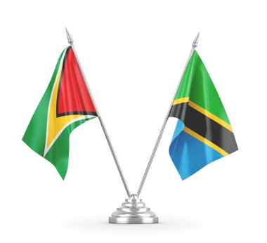 Tanzanya ve Guyana masa bayrakları beyaz 3D görüntüleme üzerinde izole