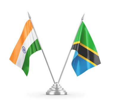 Tanzanya ve Hindistan masa bayrakları beyaz 3D görüntüleme üzerinde izole