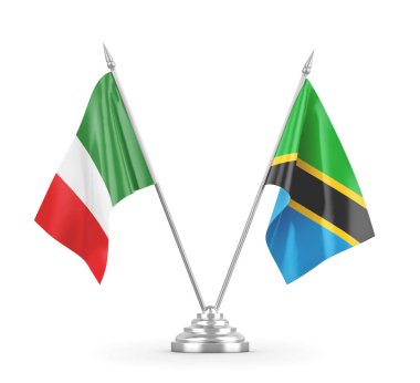 Tanzanya ve İtalya masa bayrakları beyaz 3D görüntüleme üzerinde izole edildi