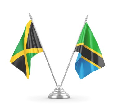 Tanzanya ve Jamaika masa bayrakları beyaz 3D görüntüleme üzerinde izole edildi