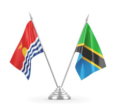 Tanzanya ve Kiribati masa bayrakları beyaz 3D görüntüleme üzerinde izole